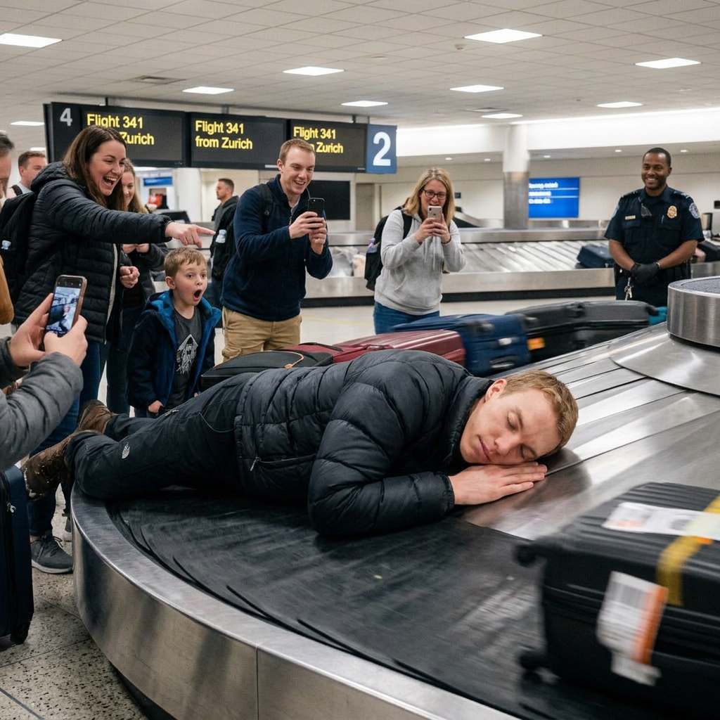 Asleep face-down on a baggage carousel at the airport, going around and around