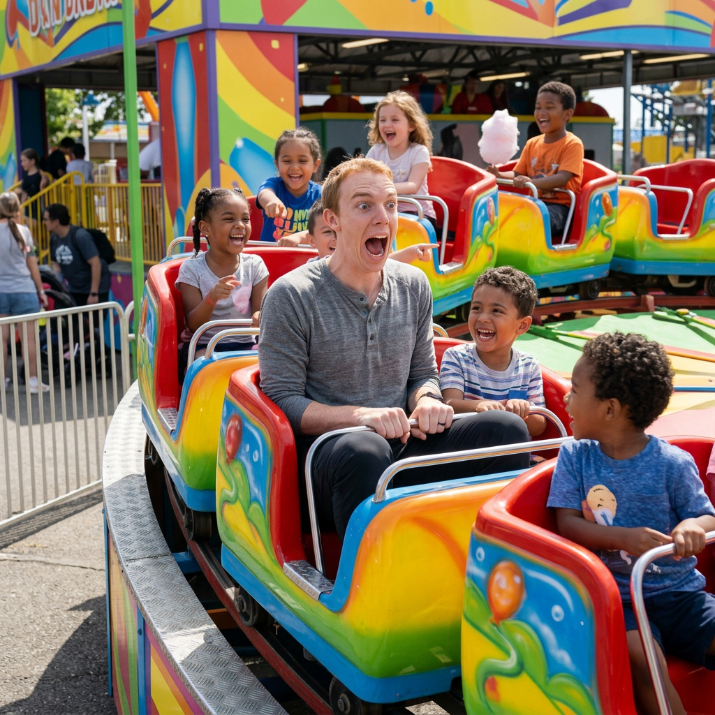 Stuck on a kiddie roller coaster, screaming in genuine terror while 5-year-olds laugh