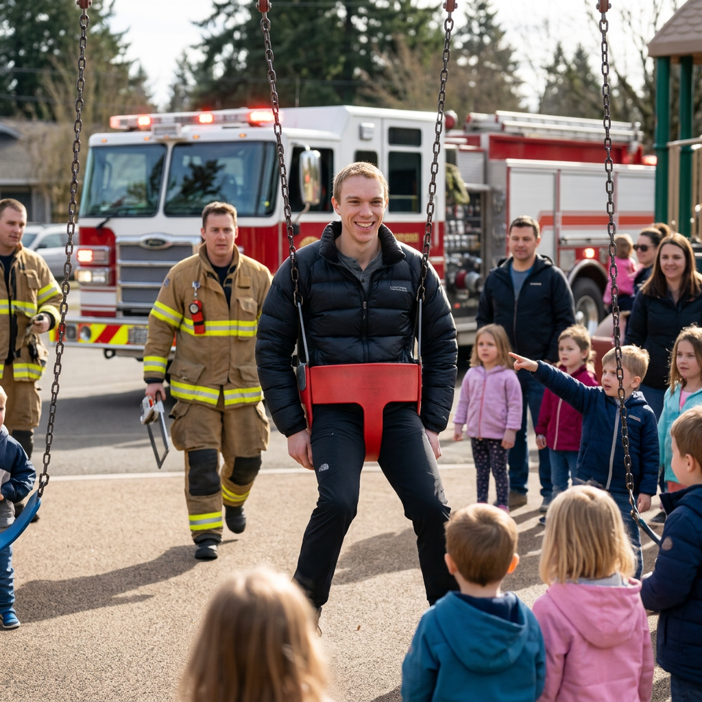 Stuck in a children's playground swing, fire department arriving
