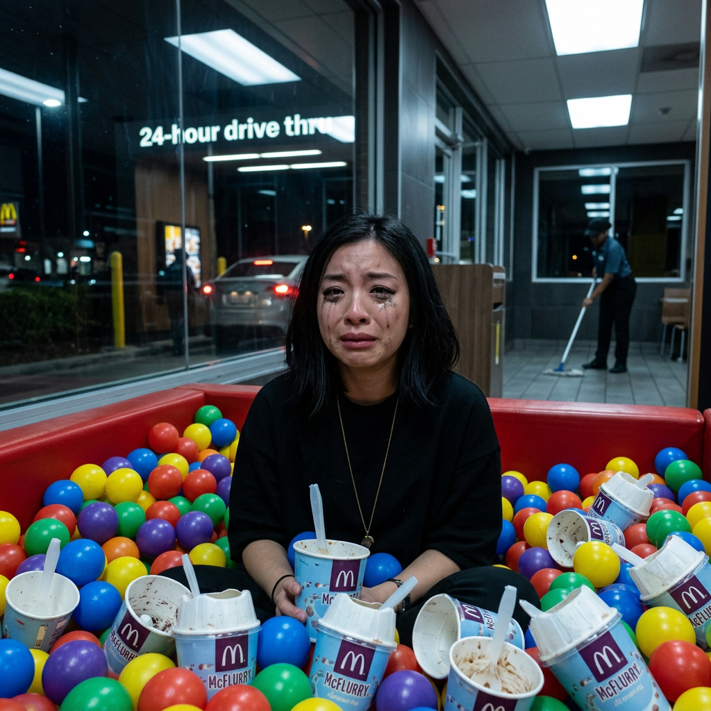 Sobbing alone in a fast food ball pit at 2 AM surrounded by empty milkshake cups