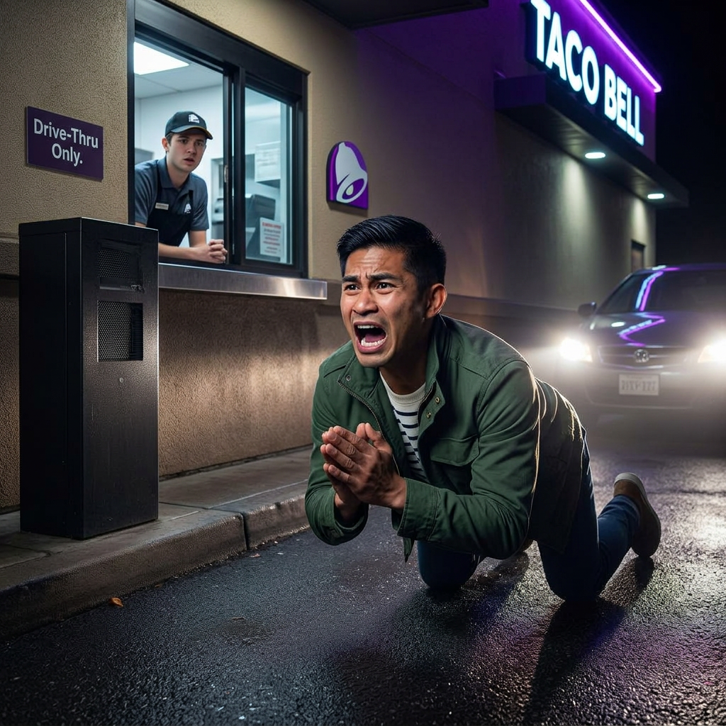 Crawling through a Taco Bell drive-through on foot at 4 AM, begging for a Crunchwrap