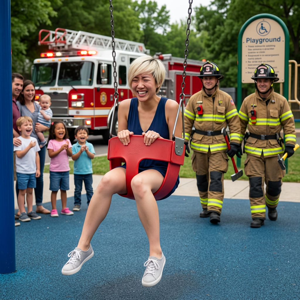 Stuck in a children's playground swing, fire department arriving