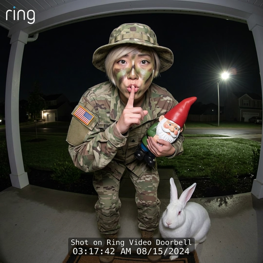 Caught on a doorbell camera stealing a garden gnome at 3 AM in full camouflage