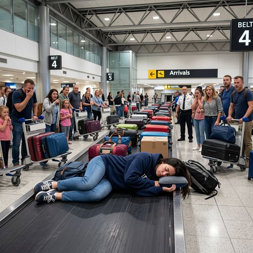 Asleep face-down on an airport baggage carousel