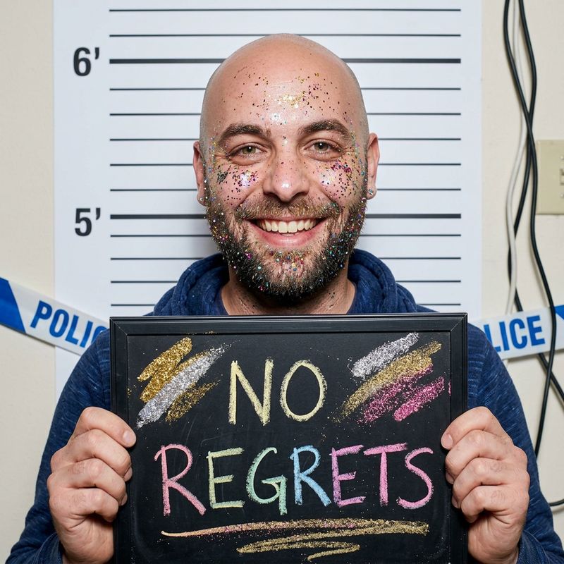 Glitter mugshot — 'No Regrets'