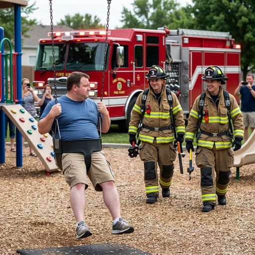 Stuck in a playground swing, fire department arriving