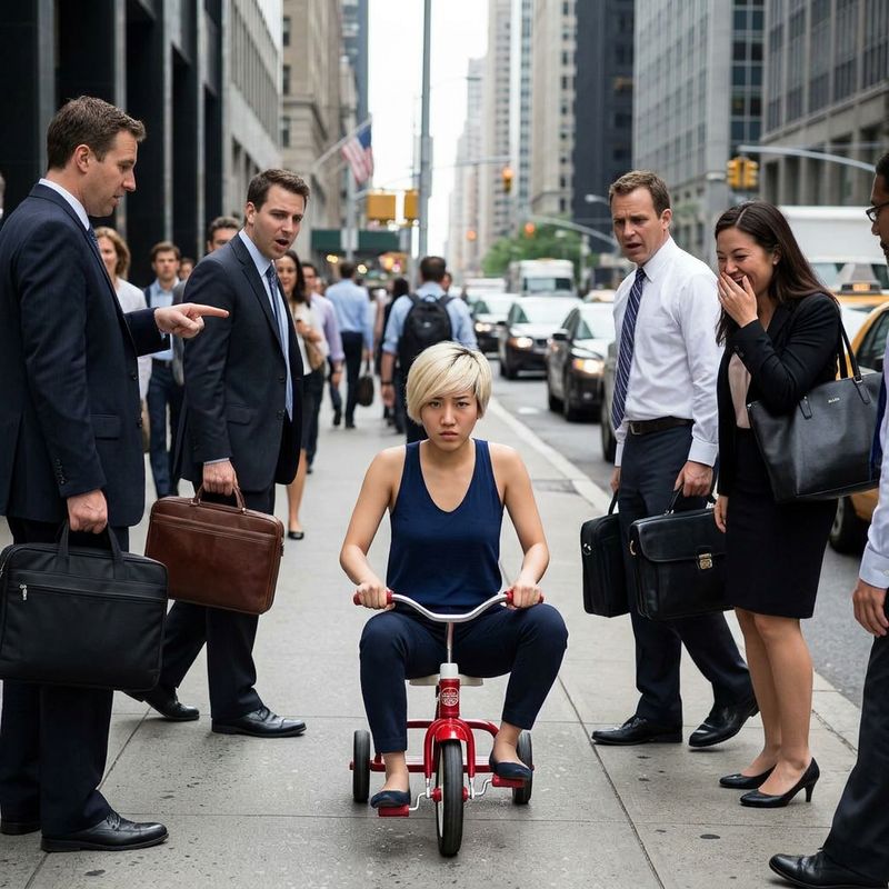 Riding a tiny tricycle through rush hour, dead serious